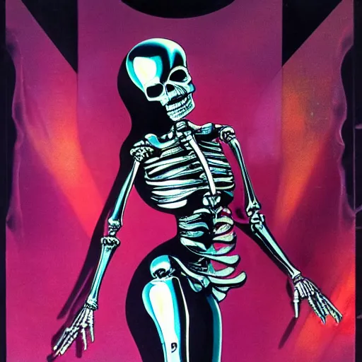 Image similar to 1 9 8 0's heavy metal album art, a shiny reflective detailed chrome android dancing with a skeleton wearing a skintight black latex bodysuit inside an alien nightclub, colorful lighting