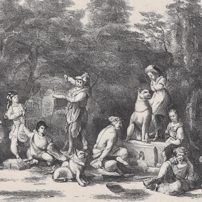 Prompt: 18th century photo of archeologists finding a shiba inu themed temple