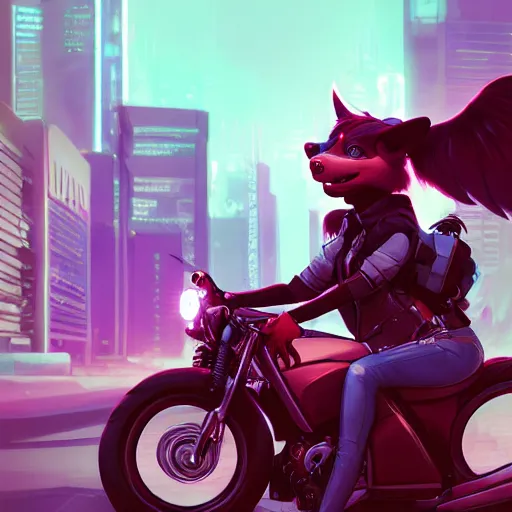 Prompt: Portrait of a cyberpunk furry girl sitting on a motorcycle, mattepainting concept pixar maya engine on stylized background splash comics global illumination lighting artstation lois van baarle, ilya kuvshinov, rossdraws