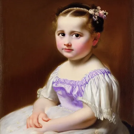 Image similar to portrait of a german toddler princess sitting down in a silk lavender gown, circa 1 8 3 7, by carl joseph begas, highly detailed, beautiful, oil on canvas, 1 8 3 0 s, romanticism