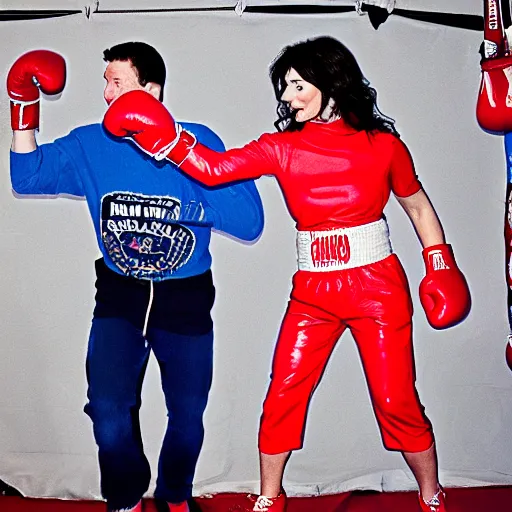 Prompt: Kate bush boxing wearing red boxing gloves John Cena wearing blue boxing gloves in a boxing ring, Tapestry style, classical