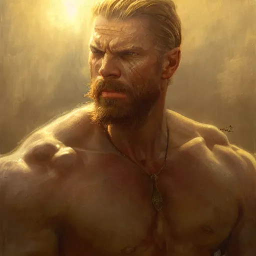 Prompt: handsome portrait of a viking guy bodybuilder posing, radiant light, caustics, war hero, metal gear solid, by gaston bussiere, bayard wu, greg rutkowski, giger, maxim verehin
