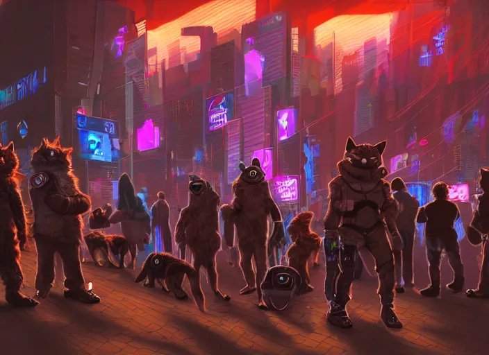 Image similar to high - resolution photograph from a cyberpunk era furry fandom convention ( midwest furfest 2 0 4 7 ), taking place after the genetic revolution and quantum singularity. photorealistic.