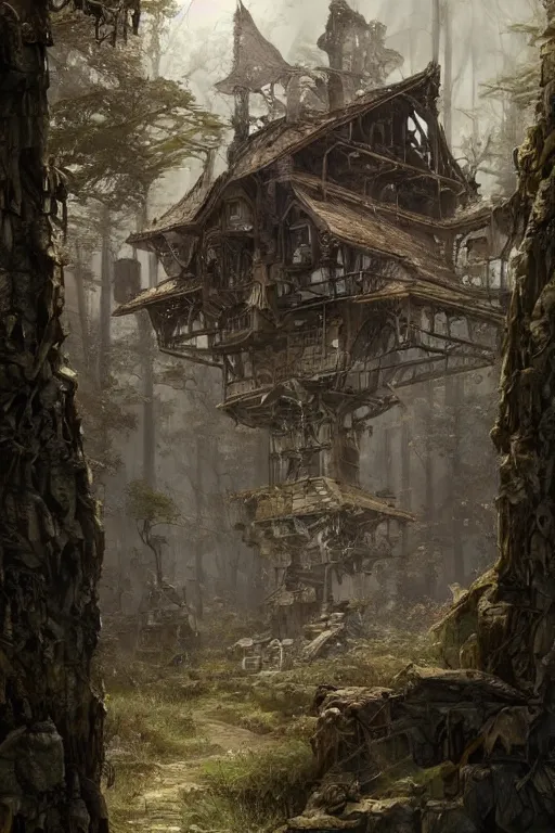 Image similar to a ramshackle multistory hut in the woods, well armored, intricate, elegant, fantasy, highly detailed, digital painting, concept art, sharp focus, illustration, artstation, art by artgerm and greg rutkowski