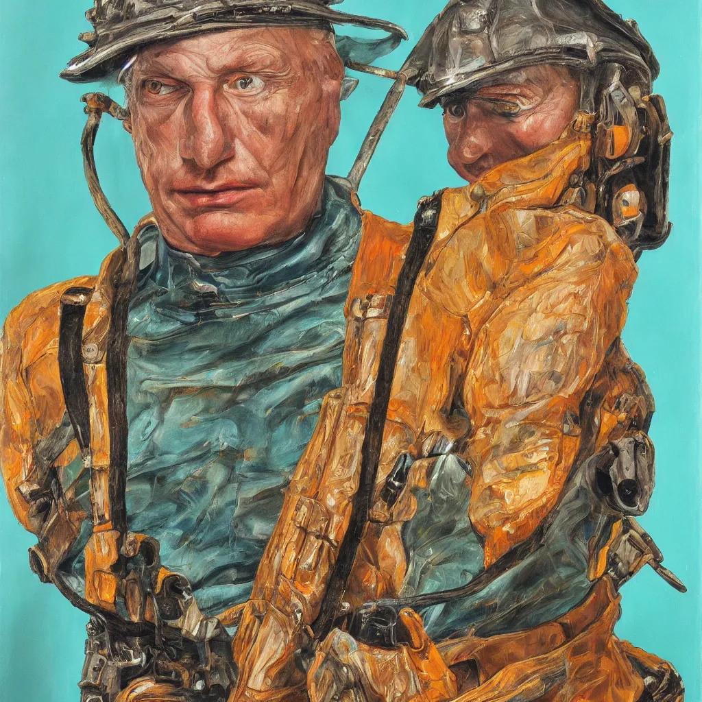 Prompt: high quality high detail painting by lucian freud, jenny savile, portrait of fire trooper, turquoise, hd