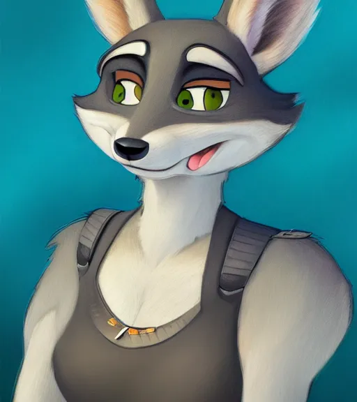 Image similar to oil painting of full body of anthromorphic female wolf, in style of zootopia, zootopia, zootopia, fursona, furry, furaffinity, 4 k, deviantart, furry art, fursona art, wearing black business suit, business suit, in style of zootopia, wolf fursona, cyberpunk, female, expressive detailed feminine face,