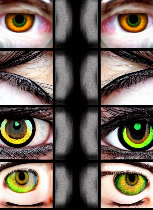 Image similar to grid montage of square shaped eyes, square shaped dilated pupils, square irises, detailed colored textures, eyelashes, advanced art, art styles mix, from wikipedia, wet reflections in eyes, sunshine light, hd macro photograph, from side, various eyelid positions, square black pupil centered