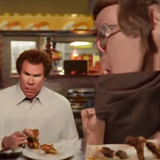 Prompt: scene from a movie that looks like a drama but it's a laugh hard comedy, will ferrell becoming addicted to spicy chicken wings, shot by darren aronofsky, 4 k