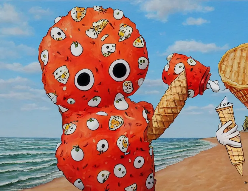 Prompt: a very detailed realistic painting of a lazy red burned tomato with 1 0 googly eyes on a sunny beach eating ice cream in a cone walking away, a sunset by james jean