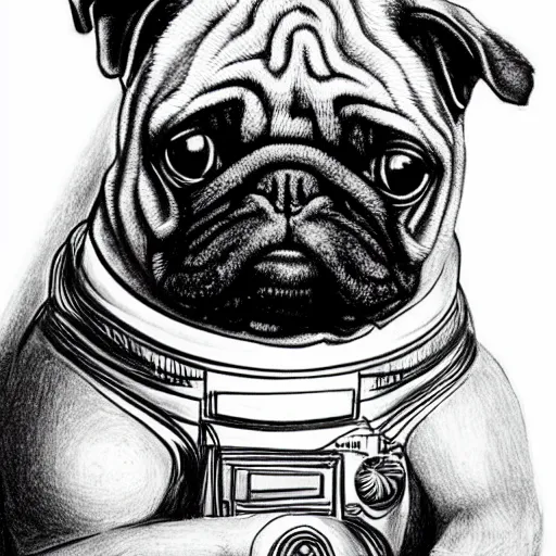 Image similar to pencil art, golden - ratio, spirals, highly detailed, astronaut pug in outer space by davinci.