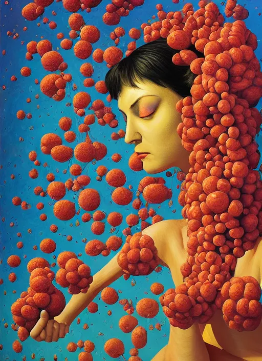 Image similar to hyper detailed Oil painting - Ramona Flowers Eats of the Strangling Fruit and Her gossamer polyp blossoms bring iridescent fungal flowers whose spores black the foolish stars by Jacek Yerka, Mariusz Lewandowski, Abstract brush strokes, Masterpiece, Edward Hopper and James Gilleard, Zdzislaw Beksinski, Mark Ryden, Wolfgang Lettl, hints of Yayoi Kasuma