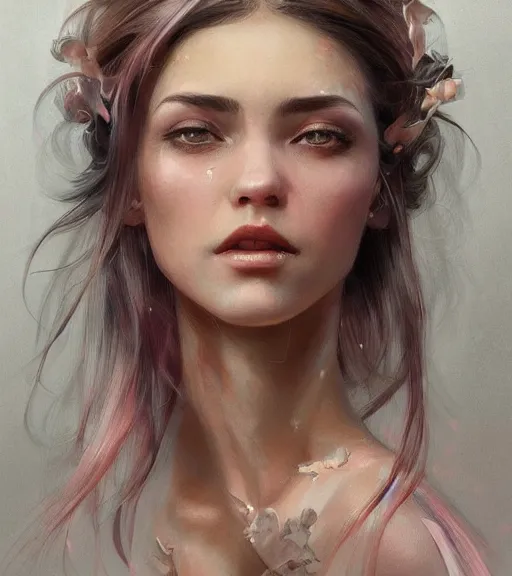 Image similar to full portrait of a young, attractive woman, soft hair, muscular, half body, cloth, pink hair, d & d, fantasy, intricate, elegant, highly detailed, digital painting, artstation, concept art, smooth, sharp focus, illustration, art by artgerm and greg rutkowski and alphonse mucha