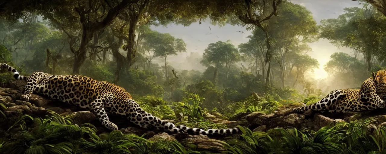 Prompt: leopard laying down in the jungle, beautiful dynamic lighting, cinematic, wide angle establishing shot, extremely high detail, photo realistic, cinematic lighting, post processed, concept art, artstation, matte painting, style by frederic church, raphael lacoste, unreal engine 8 k