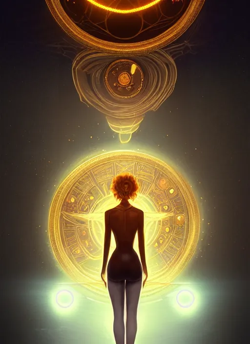 Image similar to symmetry!! product render poster gold coin scifi, glowing fog intricate, elegant, highly detailed, digital painting, artstation, concept art, smooth, sharp focus, illustration, art by artgerm, creature looking up with glowing eye