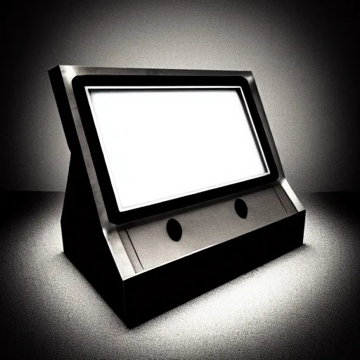 Image similar to an old, filthy, broken, 1960s-era, retro device, made of brushed steel, for displaying recipes, digital pong screen, set on a kitchen counter, dramatic constrasting light, redshift render, but as high contrast photography, featured on behance, golden ratio, f32, well composed, cohesive, from the show X-Files