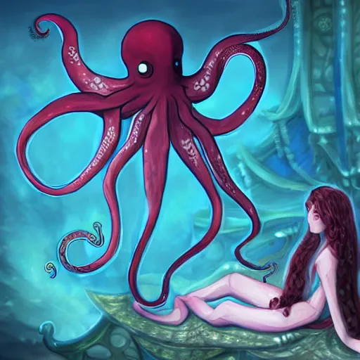 Image similar to octopus priestess in pajamas, underwater, fantasy, digital painting, pixiv