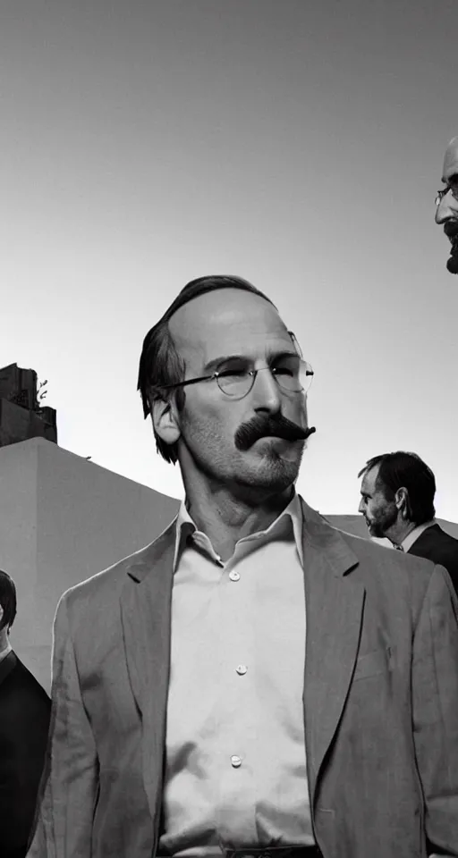 Prompt: saul goodman smoking cigarettes with steve jobs, sepia, in mexico, emmy award winning, with jessie pinkman in the background yelling and angry, sunset, granite sidewalk, movie screenshot, suburban houses in background, gritty, mustache