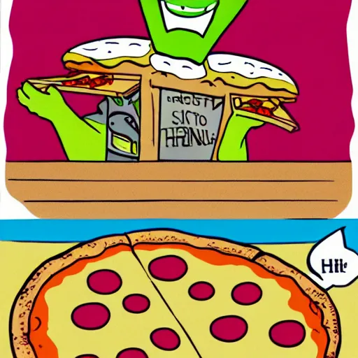 Image similar to sentient pizza rebelling against pizza hut, cartoon, high quality