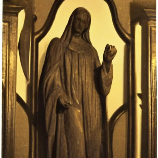 Prompt: several statues of archangel gabriel, strewn about in a dark claustrophobic old room, sinister, grainy photo