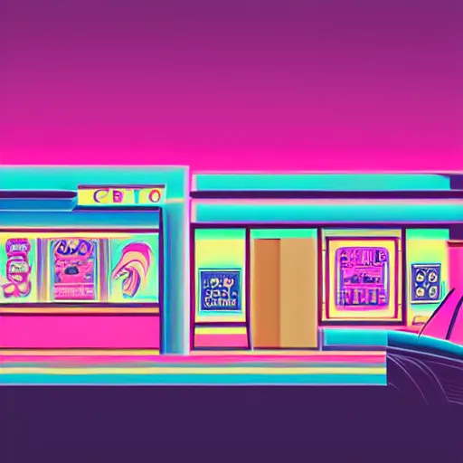 Prompt: art deco vaporwave illustration of a mall board game store in pastel and bright colors