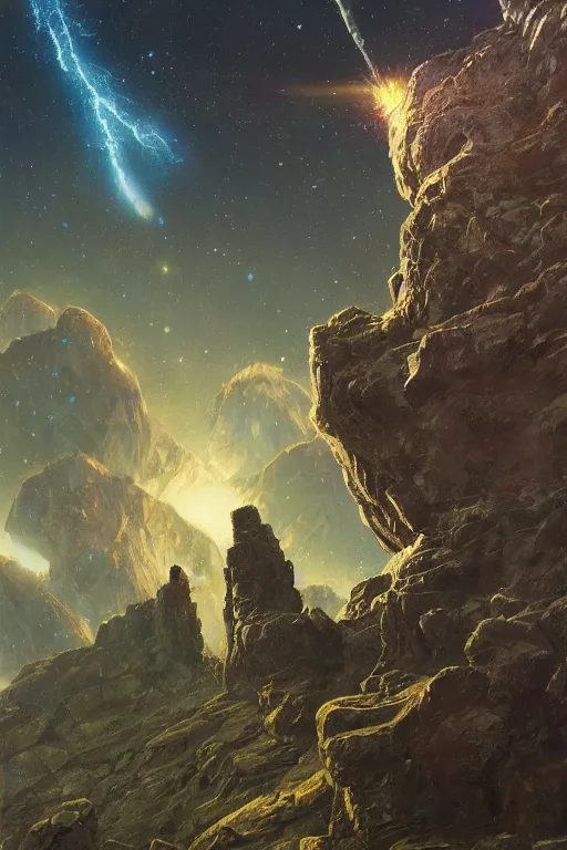 Image similar to rocky landscape, ancient woodland, space and nebula and stars background, god warrior towers above in distance, by ruan jia, jack kirby, norman rockwell, wayne barlow, sergey krasovskiy, zdzislaw beksinski, artstation creature