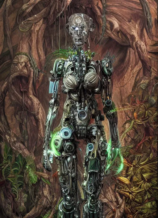 Image similar to hyper - detailed fine painting of a synthetic humanoid hybrid cyborg shaman half cybernetic and half made of plants and wood, concept art magical highlight