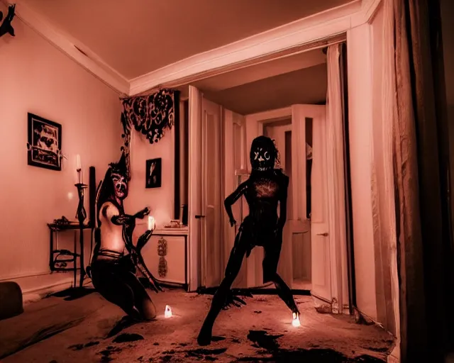 Image similar to transparent horror female demon evil spirit attacks in living room with interior photos shot on iphone, dynamic pose, middle body shot, sharp focus, grainy, corpse, paranormal flashlight, night, total darkness,