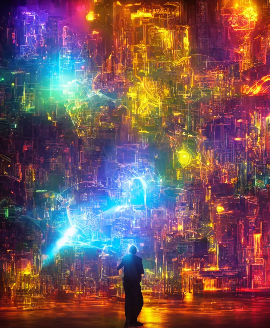 Prompt: an hd art of man performing magic in future colourful glowing city, highly detailed