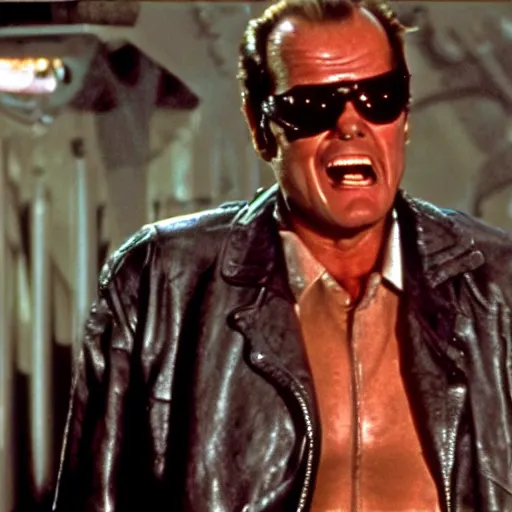 Prompt: Jack Nicholson plays Terminator, epic scene where his endoskeleton gets exposed