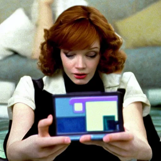 Prompt: a still of Christina Hendricks playing with a Gameboy, in the movie Lifeforce (1985), highly detailed and intricate, cinematic lighting, 8k remastered HDR