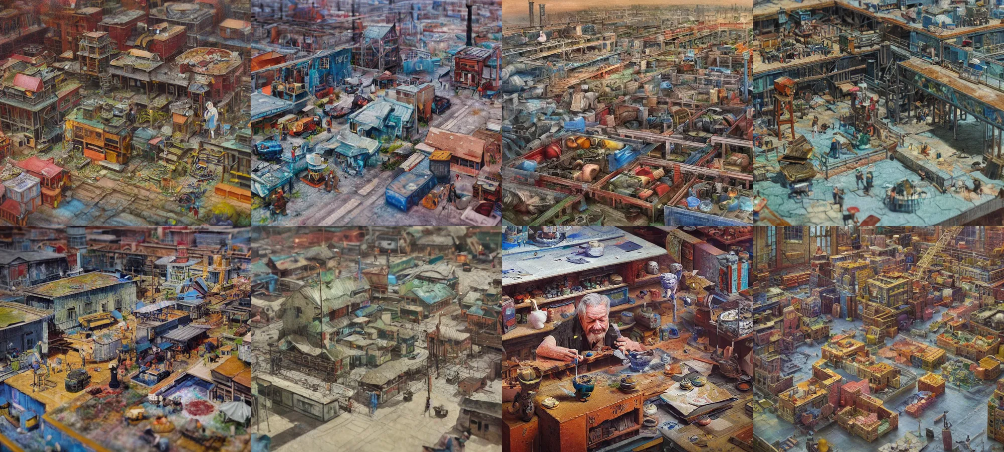 Prompt: \'An old man, a deep spiritual connection with a younger world, Lee Min\'s painting is a masterpiece of hyperreal. The piece is like a miniature of my soul\' diorama party tiltshift of a factory by aleksej pankov