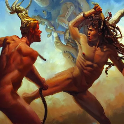 Image similar to detailed illustration of perseus vs medusa, hyper detailed, realistic, oil painting, artwork by greg manchess, cinematic lighting