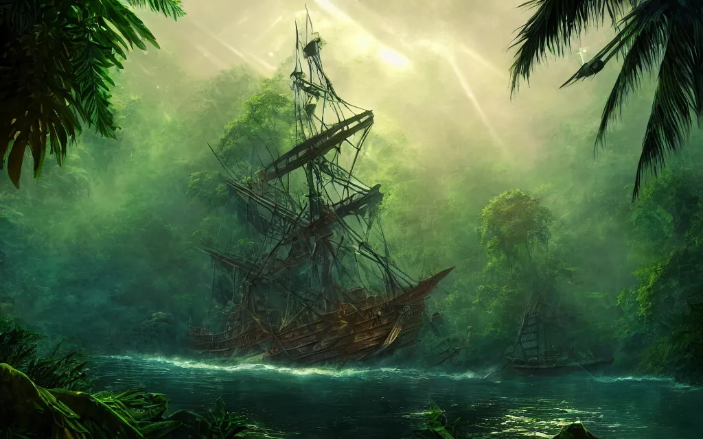 Image similar to a large pirate ship in a dense jungle, misty background, light rays, beautiful lighting, vivid colors, intricate, elegant, highly detailed digital painting, concept art, smooth, sharp focus, unreal engine, 4 k wallpaper, trending on cgsociety, trending on artstation