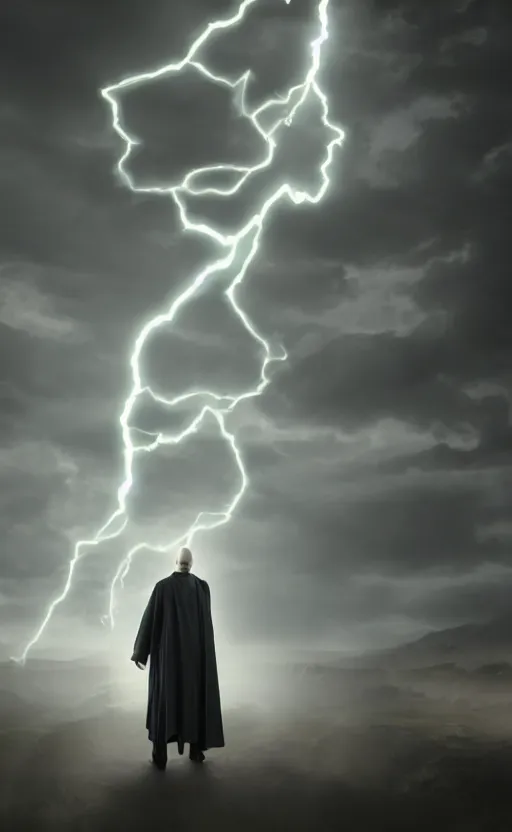 Prompt: Lord Voldemort casting an electricity spell. Digital art trending on artstation. 4k. Tyndall effect.