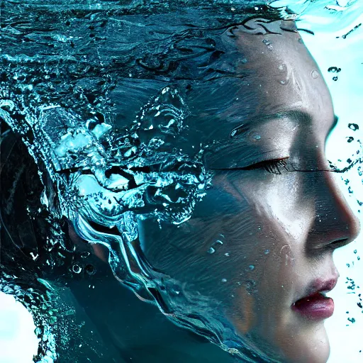Prompt: water artwork manipulation in the shape of a human head, on the ocean water, ray tracing, realistic water sharp focus, long shot, 8 k resolution, cinematic, amazing water art, photoshop