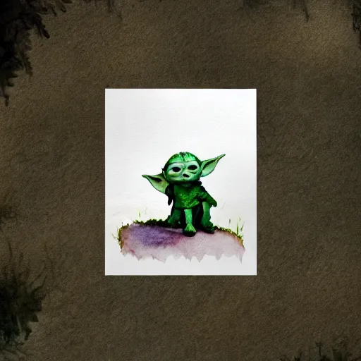 Prompt: view from above, shot from 5 0 feet distance, baby yoda on a well lit path in a dimly lit forest. dramatic clouds, setting sun, watercolor and ink, muted color. minimalist, detailed ue 5