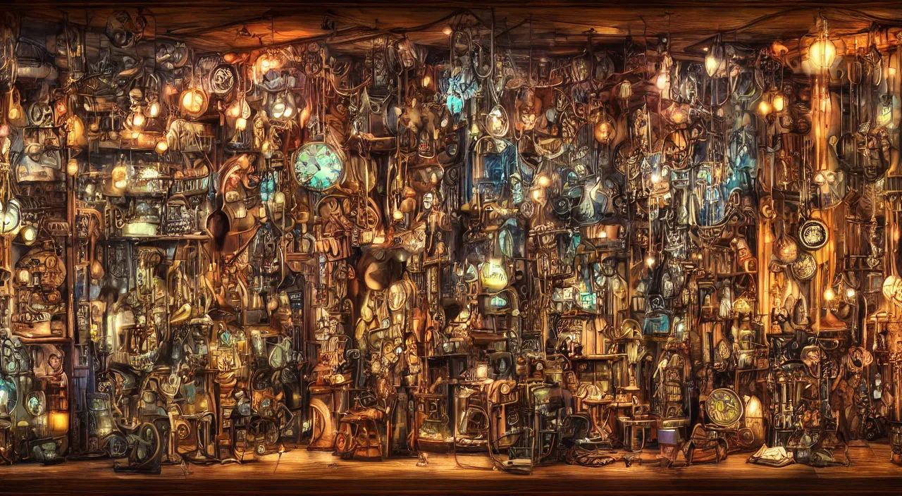 Image similar to steampunk shop window by don bluth, darkness, neon lights, photo realistic, completely filled with interesting oddities, things hanging from ceiling, light bulbs, cinematic