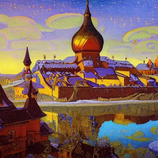 Prompt: photo beautiful magical ancient Slavic Russian city of Kitezh, fisheye lens, painting by Viktor Vasnetsov, painting by Nicholas Roerich, concept art, magical city, fantasy cityscape, ancient Slavs, wooden buildings, ancient Russian architecture, terem, hyperborea, top cinematic lighting , cinematic mood, very detailed, 8k, high resolution, trending on artstation, artstationHD,