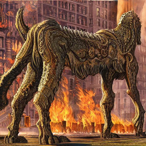 Prompt: giant quadruped creature walking through the center of a city with tall building on fire, extreme detail, abstract realism, highly ornate intricate details, 1 9 2 0's colored pencil, 4 k, cinematic lighting,