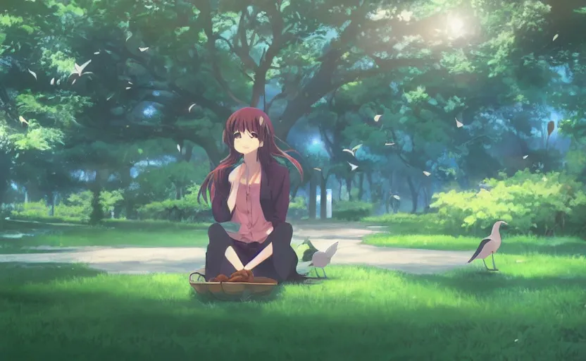 Prompt: An anime girl sitting in a park, feeding the birds, anime scenery by Makoto Shinkai, digital art