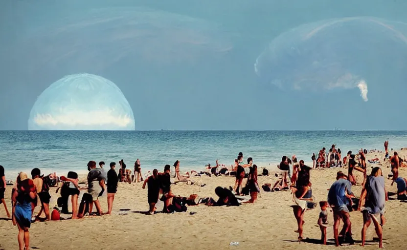 Image similar to sunny day at the beach blue sky nuclear explosion on the horizon and few people watching it war apocalyptic photorealistic