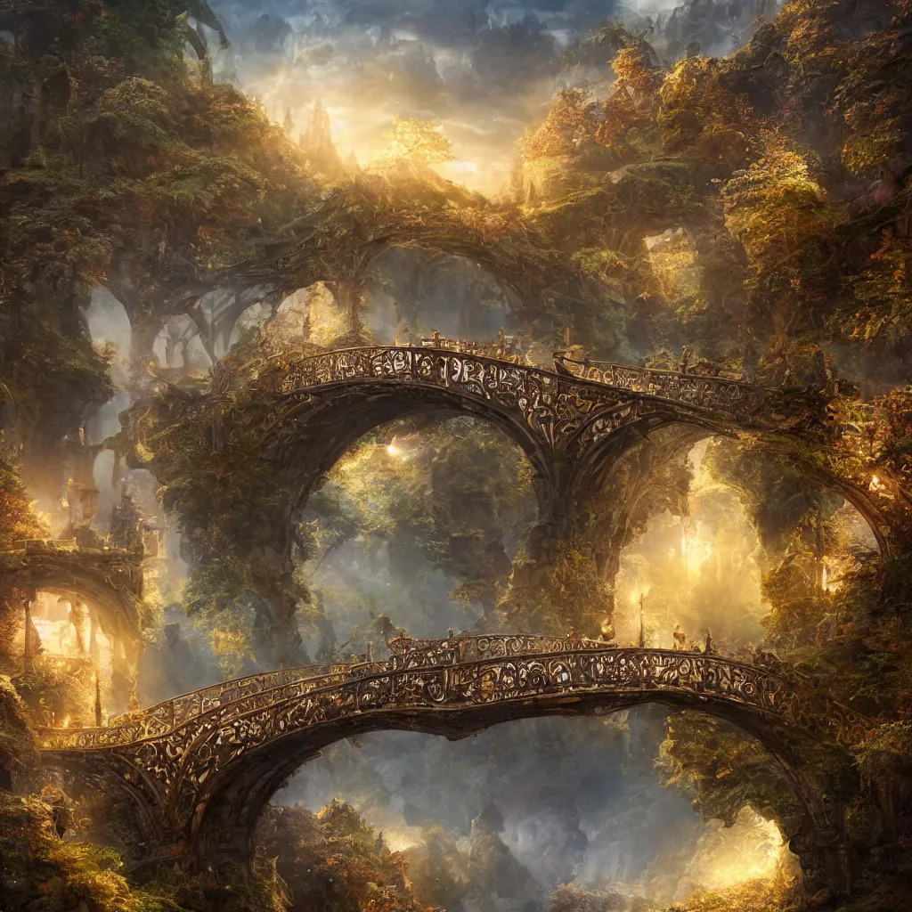 Prompt: 3 d high relief painting of fairyland bridge, outside of time and space, dreamy, romantic, gorgeous lighting, well lit, backlit, dramatic cinematic lighting, intricate, highly detailed, octane render, 8 k