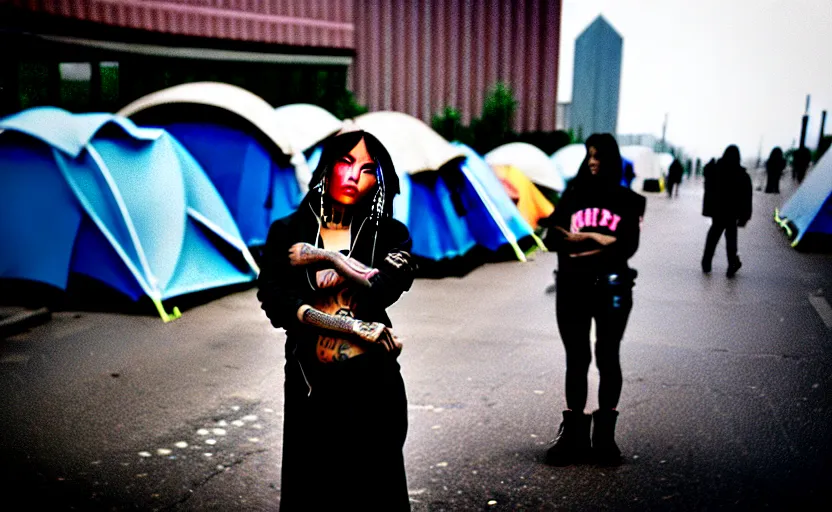 Image similar to Cinestill 50d candid photography of a city on fire, extreme wide shot of a poor techwear mixed woman wearing thick mascara and makeup crying outside of a futuristic city on fire, cyberpunk, tattoos, homeless tents on the side of the road, extreme long shot, desaturated, full shot, blurry, 4k, 8k, hd, full color