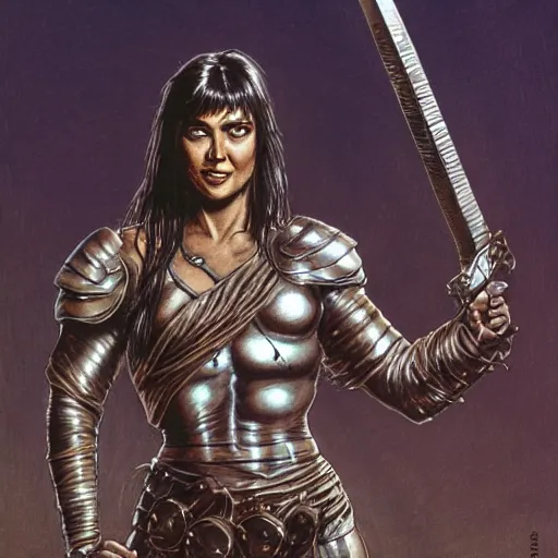 Image similar to a muscular bronze - skinned silver - eyed black - haired woman warrior wearing xena armor, holding a sword aloft, in a crowded alien arena on a hostile planet, highly detailed, ron cobb, moebius, heavy metal magazine, mike mignola, trending on art station, illustration, comic book