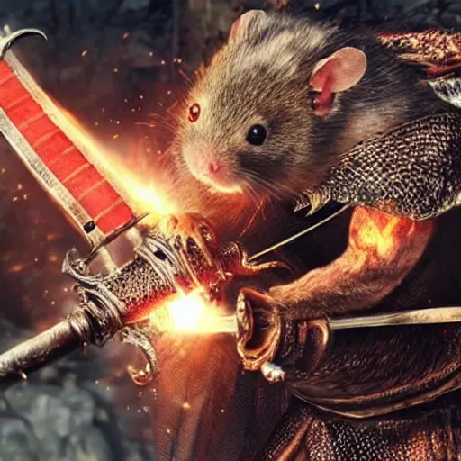 Prompt: A hamster holding a sword fighting a monster in dark souls 3