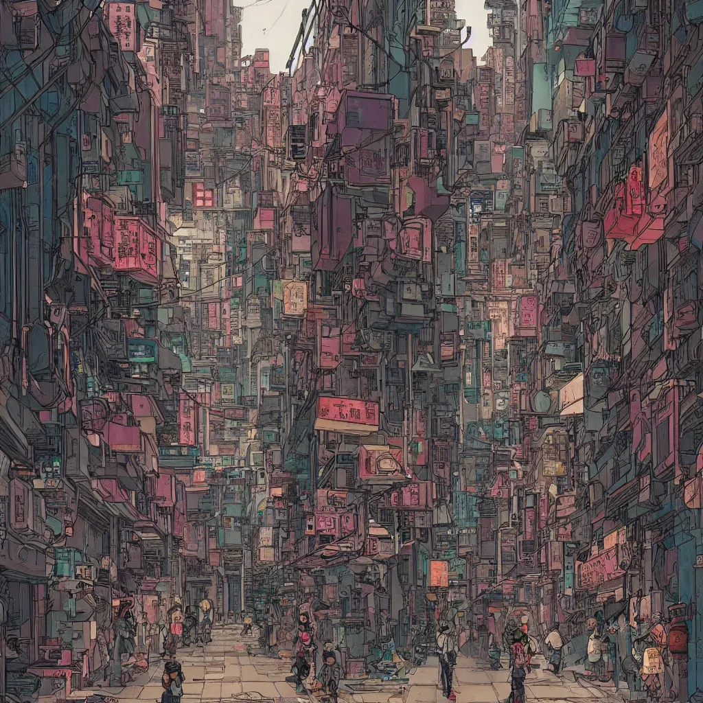 Image similar to a cyberpunk hong kong alley with robots and humans walking around by moebius