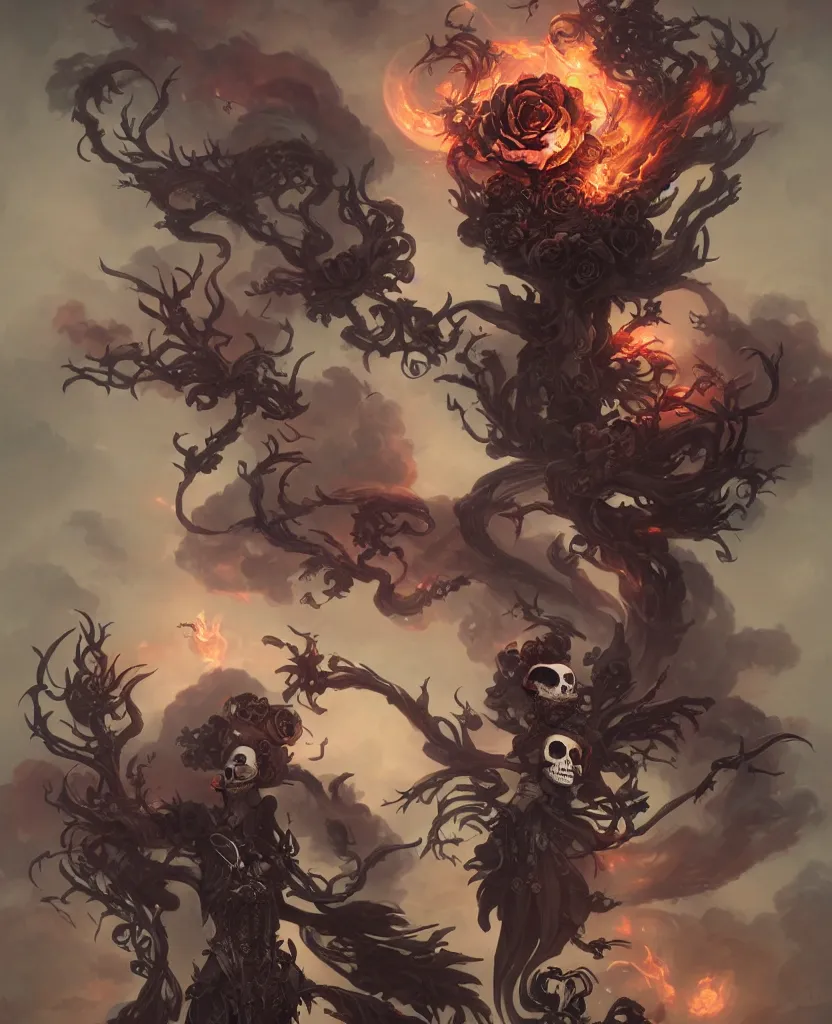 Image similar to a chaotic goddess of death skull black rose s day of the dead atmospheric, dramatic, concept art by Peter Mohrbacher hyperrealist, cinema4D, 8k highly detailed ❤️‍🔥 🔥 💀 🤖 🚀