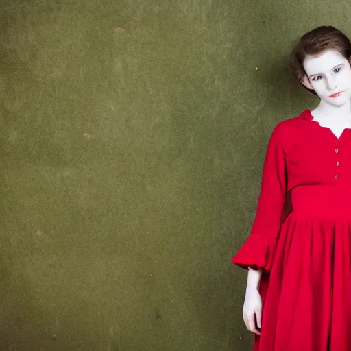 Prompt: portrait of pale 16 years old girl in red dress. She has short black hairs