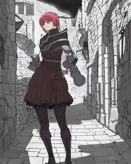 Image similar to key anime visual portrait of a young female walking through a medieval village, perfect anime face, dynamic pose, dynamic perspective, detailed silhouette, detailed, intricate