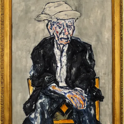 Image similar to painting of an old man sitting on a chair, waiting, by georg baselitz